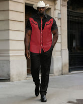 Big & Tall Men's Western Simple Black & Red Short-sleeved Shirt Pants Set