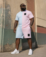 Big & Tall Men's Blue & Pink Contrast Casual Short Sleeve T-Shirt Shorts Set
