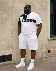 Big & Tall Men's Irregular Geometric Contrast Color Letter Printed POLO Shirt Short Sleeve Shorts Set