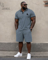 Big & Tall Men's Daily Travel Holiday Neck Stitching Chest Pony Printed POLO Shirt Short Sleeve Shorts Set
