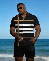 Big & Tall Men's Spring And Summer New Casual Vacation Black Striped Woven Short Sleeve Shirt Shorts Set