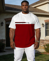 Men's Large Size Spring And Summer Leisure Loose And Comfortable Simple White & Red Contrast Color Stitching Simple "King" Slogan Printed Short Sleeve T-shirt