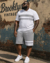 Big & Tall Men's White & Grey Simple Casual Holiday Hawaiian Short-sleeved Polo Shirt Shorts Set
