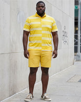 Big & Tall Men's Yellow Misplaced Stripe Design POLO Shirt Short Sleeve Shorts Set