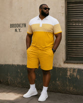 Big & Tall Men's Yellow & White Contrast Pinstripe Patchwork Printed POLO Shirt Short Sleeve Shorts Set