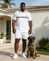 Business Casual Daily Everyone White Short Sleeve Polo Shirt Shorts Set Large Size Men