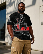 Big & Tall Men's Band Abstract Print Black Loose Short Sleeve T-Shirt