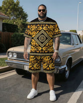 Big & Tall Men' Luxury Classic Baroque Print Short Sleeve T-Shirt Shorts Set
