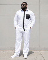 Big & Tall Men's Placket Neckline Features Stitching Chest Patch Pocket Long Sleeve Shirt Pants Suit
