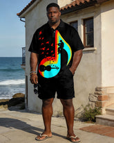 Large Size Men's Spring And Summer Leisure Vacation Business Party Black Music Pattern Short Sleeve Polo Shirt Shorts Set