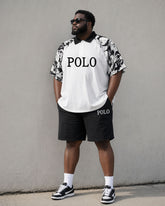 Big & Tall Men's Sleeve Printed Large Slogan POLO Short Sleeve Shorts Set