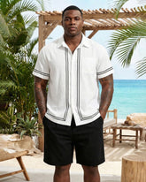 Big & Tall Men's White & Black Simple Line Chest Patch Pocket Short Sleeve Shirt Shorts Set