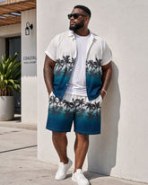 Big & Tall Men's White & Blue Hawaiian Landscape Print Short Sleeve Button-Up Shirt Shorts Set