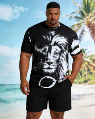 Big & Tall Men's Lion King Pattern Positioning Print Black Short Sleeve T-Shirt Shorts Set
