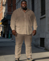 Men's Plus Size Dark Khaki & Light Khaki Contrast Color Gradient Simple Long Sleeve Shirt Trousers Business Casual Suit