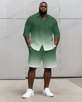 Big & Tall Men's Business Simple Green & White Gradient Long Sleeve Shirt And Shorts Set
