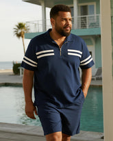 Big & Tall Men's Business Dark Blue Striped Print Short Sleeve Zip Polo Shirt Shorts Suit