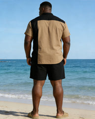 Large Size Men's Khaki & Black Simple Contrast Print Casual Business Holiday Short Sleeve Shirt And Shorts Set