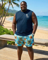 Hawaiian Coconut Palm Print Top, Silhouette Navy Blue Resort Vest And Shorts Set, Plus Size Men’s