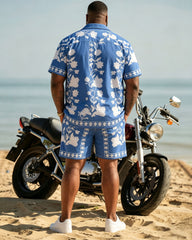 Big & Tall Men's Hawaiian Baroque Floral Symmetrical Print Cardigan Short Sleeve Shirt Shorts Set