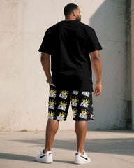 Large Size Men's "KING" King Crown Pattern Printed Short Sleeve T-shirt Shorts Set
