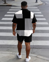 Men's Plus Size Black & Grey Plaid & Black Stitching Short Sleeve Shirt Shorts Set
