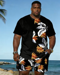 Big & Tall Spring And Summer New Valentine's Day Dating Party Party Holiday Hawaiian Flower Stitching Crewneck Short Sleeve T-Shirt Shorts Set Couple Dress
