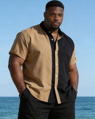 Large Size Men's Khaki & Black Simple Contrast Print Casual Business Holiday Short Sleeve Shirt And Shorts Set