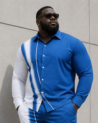 Big & Tall Men's Blue Irregular Contrast Color Business Casual Long Sleeve Shirt Pants Set