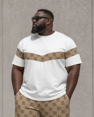 Big & Tall Men's Square Continuous Letter Printing Khaki Splicing White Short Sleeve T-Shirt Sports Pants Set