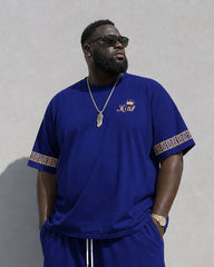 Big & Tall Men's Daily Leisure Travel Party Holiday Cuff Features Printed Chest Printed Short Sleeve T-shirt Shorts Set Royal Blue