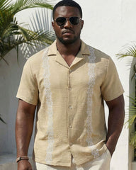 Big & Tall Men's Simple Khaki Short-sleeved Shirt And Shorts Set For Spring And Summer Vacation