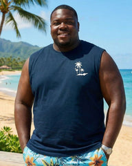 Hawaiian Coconut Palm Print Top, Silhouette Navy Blue Resort Vest And Shorts Set, Plus Size Men’s