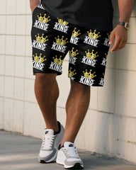 Large Size Men's "KING" King Crown Pattern Printed Short Sleeve T-shirt Shorts Set