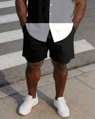 Men's Plus Size Black & Grey Plaid & Black Stitching Short Sleeve Shirt Shorts Set