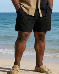 Large Size Men's Khaki & Black Simple Contrast Print Casual Business Holiday Short Sleeve Shirt And Shorts Set