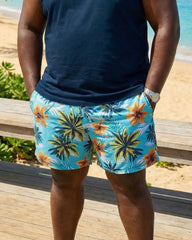 Hawaiian Coconut Palm Print Top, Silhouette Navy Blue Resort Vest And Shorts Set, Plus Size Men’s