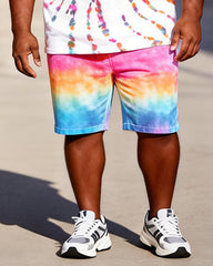 Big & Tall Men's Rainbow Spiral Tie-Dye Printed Round Neck Short Sleeve T-Shirt Shorts Set