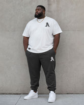 Big & Tall Men's White & Black Matching Simple Chest Letter Printed Short-sleeved T-shirt Sports Pants Set