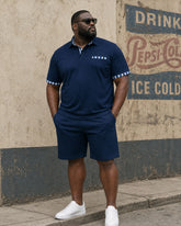 Big & Tall Men's Navy Blue Plaid Patchwork Featured Print Polo Shirt And Shorts Set