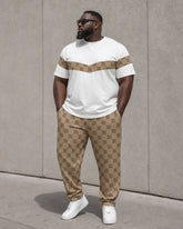 Big & Tall Men's Square Continuous Letter Printing Khaki Splicing White Short Sleeve T-Shirt Sports Pants Set