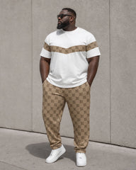 Big & Tall Men's Square Continuous Letter Printing Khaki Splicing White Short Sleeve T-Shirt Sports Pants Set