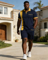 Contrast Color Simple Casual Chest Small Label Printed Short-sleeved Polo Shirt Shorts Set Large Size Men's