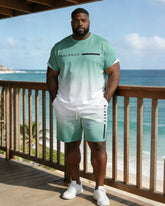 Hawaii Plus Size Men's Green Gradient Slogan Print Short Sleeve T-Shirt Shorts Set