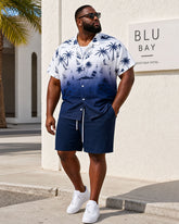 Big & Tall Men’s Gradient Dark Blue Floral Shirt Hawaiian Vacation Casual Outing Short-Sleeve Button-Down Shirt And Shorts Set