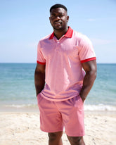 Big & Tall Men's Pink Full Print POLO Short Sleeve Shorts Set