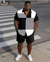 Men's Plus Size Black & Grey Plaid & Black Stitching Short Sleeve Shirt Shorts Set
