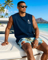 Hawaiian Coconut Palm Print Top, Silhouette Navy Blue Resort Vest And Shorts Set, Plus Size Men’s