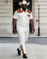 Big & Tall Men's Western Classic Khaki & White Short Sleeve Shirt Pants Set