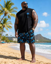 Big & Tall Men's Black Floral Print Hawaiian Vacation Vest Shorts Set